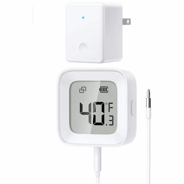 Digital temperaturmätare visar 40,3 °F med ansluten givare och adapter